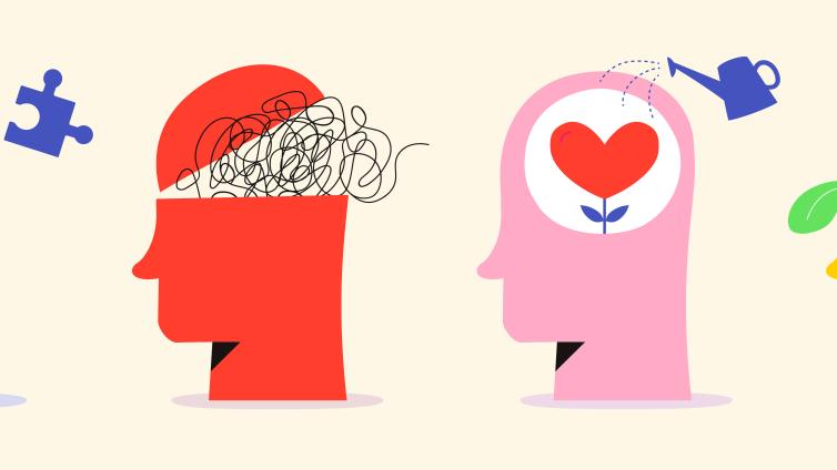 Illustration of 4 heads with images of puzzle pieces, growing flowers, squiggles, and a heart inside. 