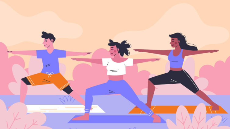 Illustration of three people in a yoga pose outside. 